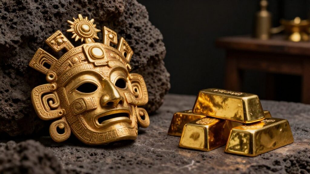 Máscara ritual de oro con grabados iconográficos prehispánicos junto a lingotes de oro pulidos y estandarizados en un entorno de taller histórico.