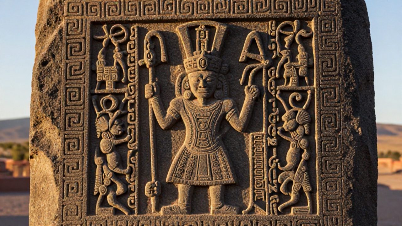 Relieve tallado en la piedra andesita que muestra la figura central del Dios de los Báculos rodeada de iconografía geométrica y figuras antropomórficas.