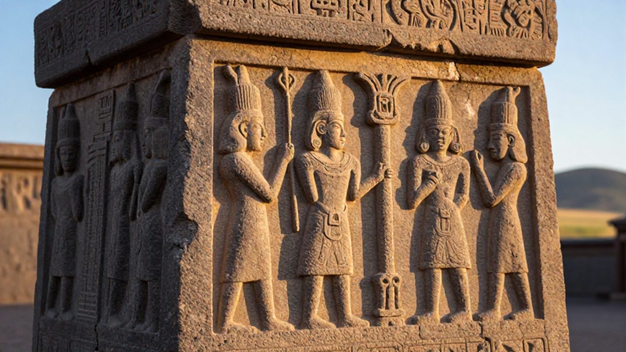 Detalle de los grabados en relieve de la Puerta del Sol de Tiwanaku, mostrando figuras antropomorfas y el dios de las varas tallados en la piedra andesita.