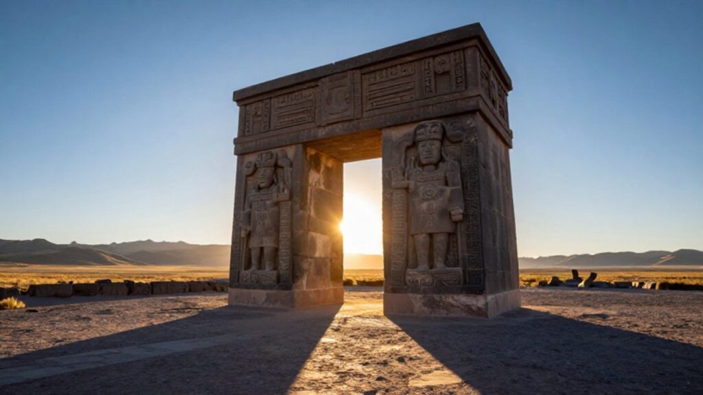 La Puerta del Sol de Tiwanaku con sus relieves tallados bajo la luz del atardecer en el paisaje del altiplano andino.
