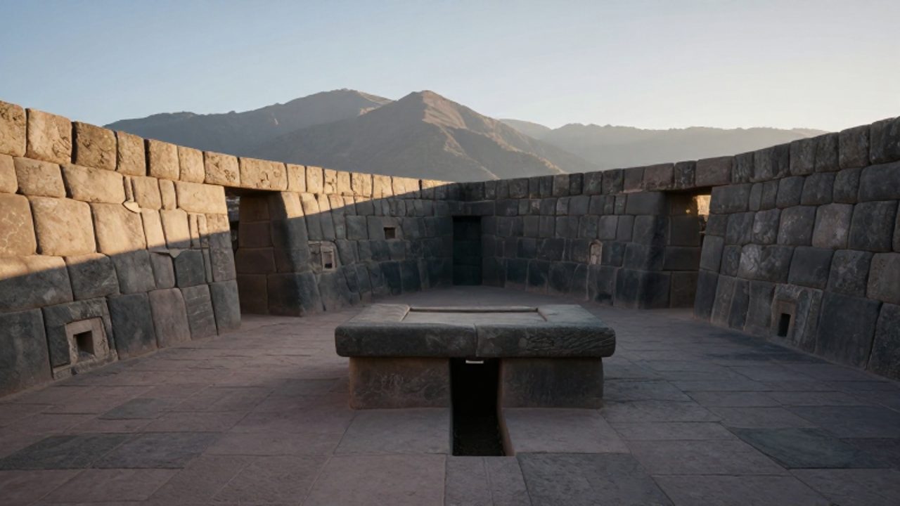 Reconstrucción arqueológica de un recinto sagrado inca en Cusco con muros de piedra perfectamente ensamblados, un altar central y un canal ritual bajo la luz del amanecer.