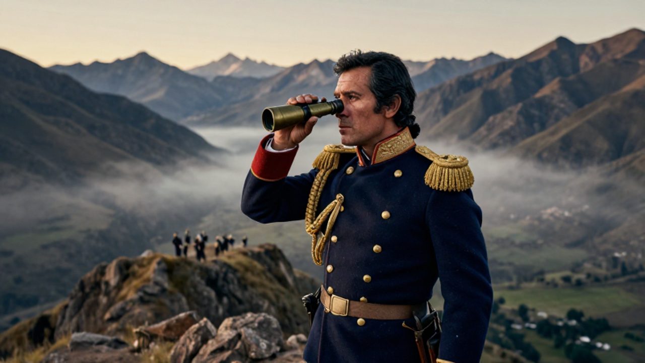 Un general peruano del siglo XIX observa un valle con un campamento militar desde una cresta andina mientras sostiene un telescopio.