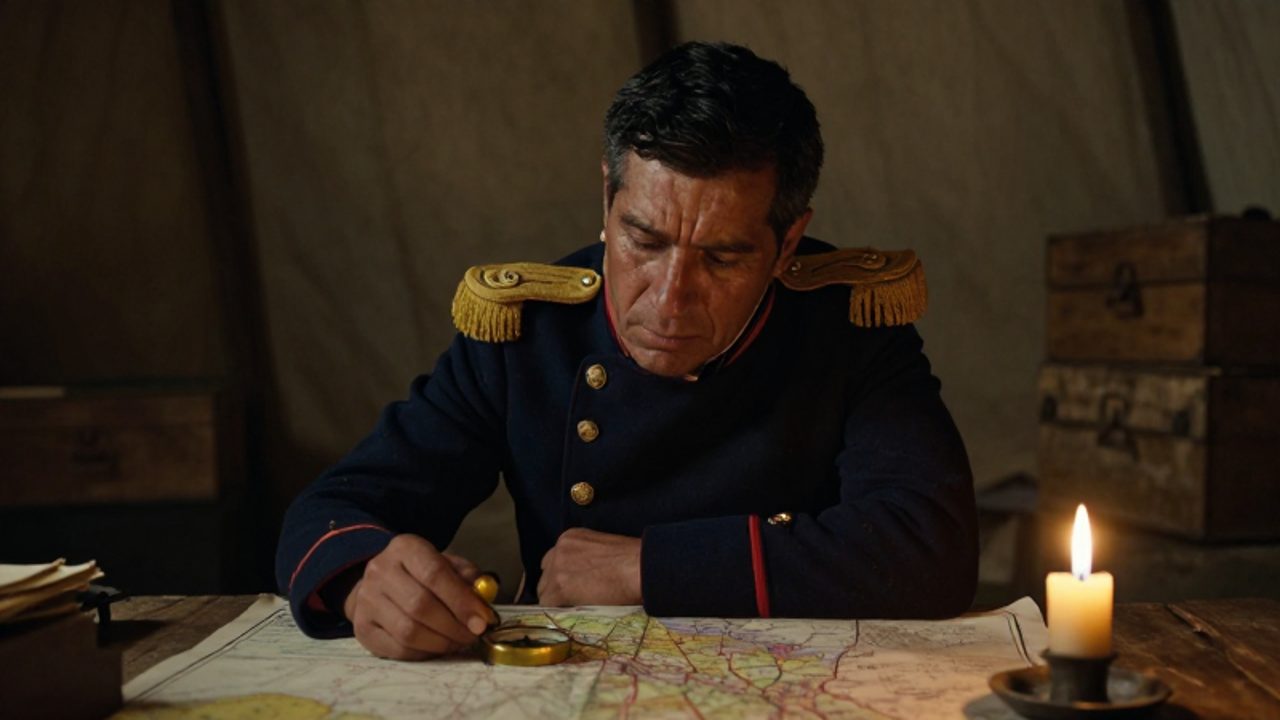 Un general del siglo XIX con uniforme republicano analiza mapas topográficos con expresión de agotamiento y tensión dentro de una tienda de campaña.