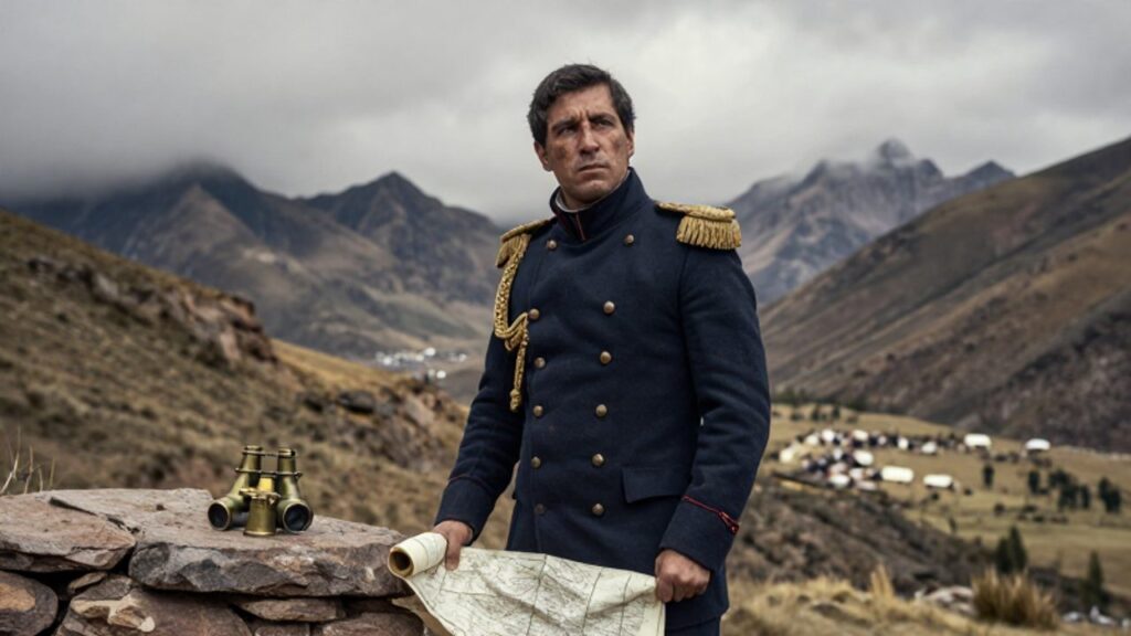 Un general del siglo XIX observa un valle andino mientras sostiene un mapa, rodeado de montañas neblinosas y un campamento militar a lo lejos.