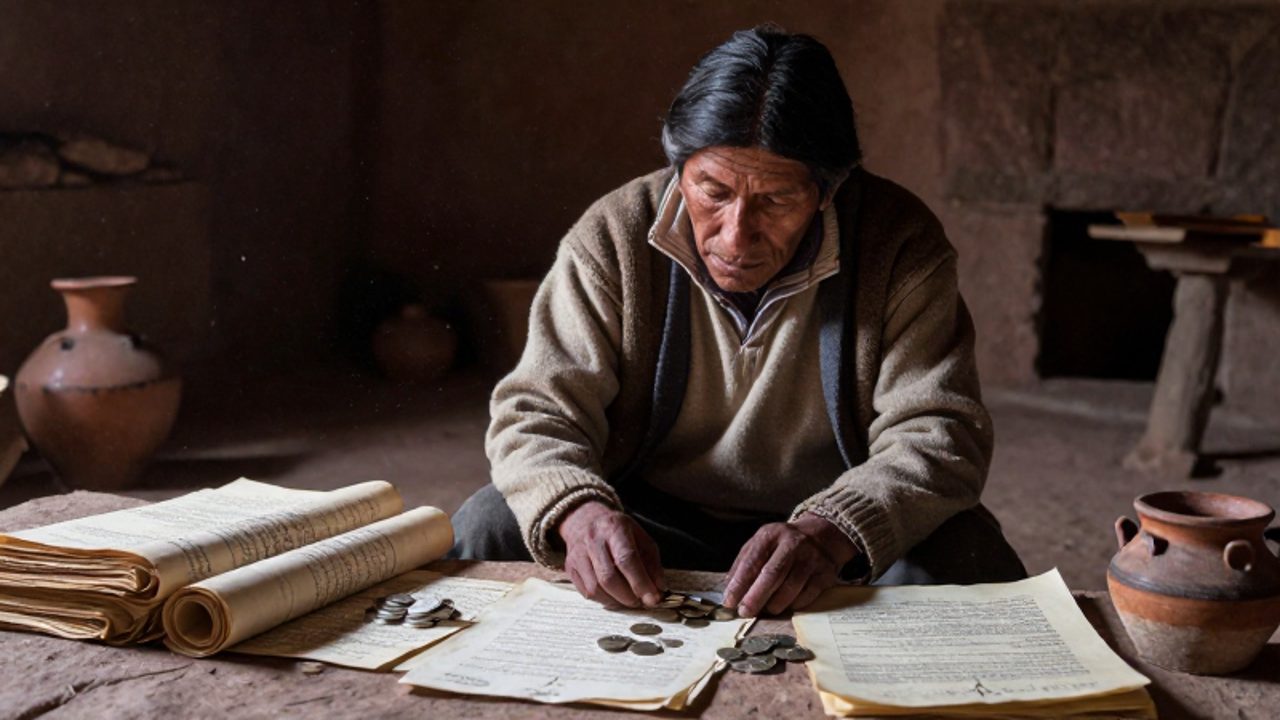Campesino andino del siglo XVIII con expresión de cansancio y resentimiento, sentado entre documentos coloniales y monedas de plata en una vivienda rústica.
