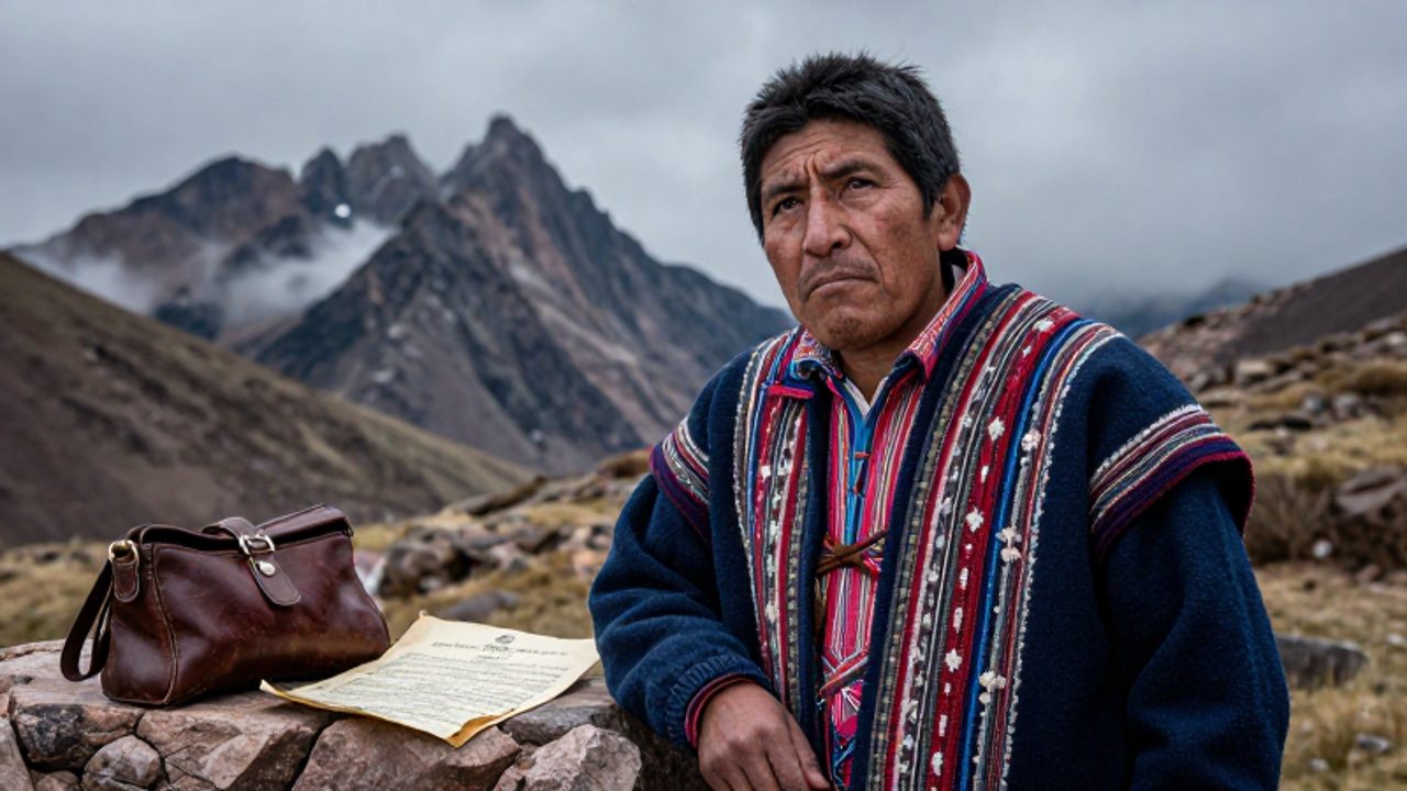 Hombre andino de expresión decidida y cansada viste ropas nobles tradicionales frente a las montañas de los Andes con un documento colonial sobre una piedra.