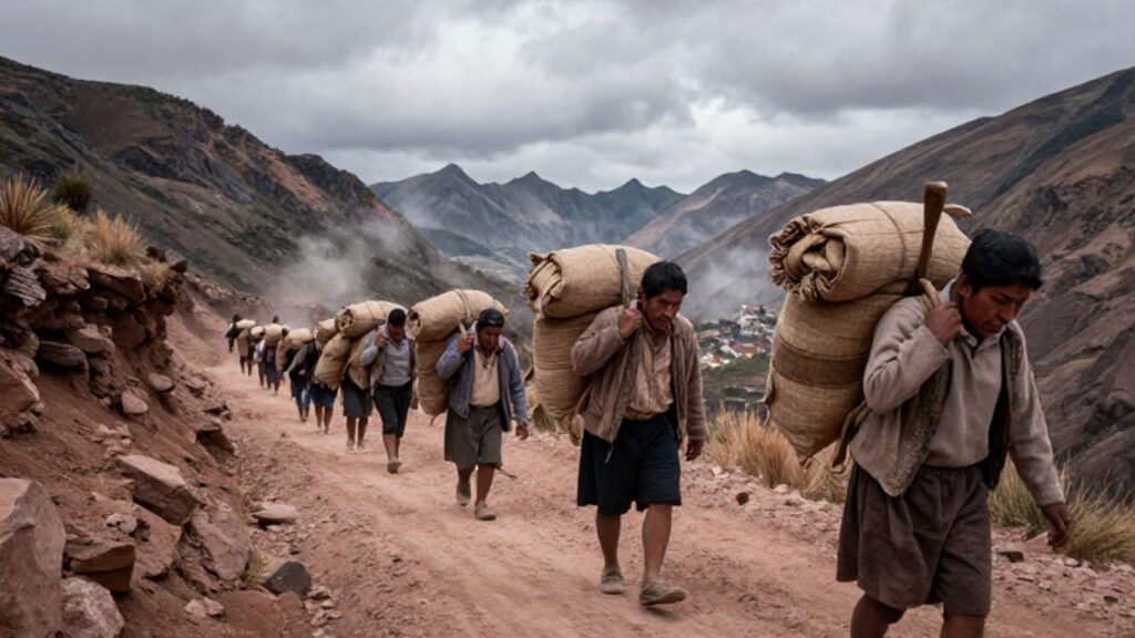 Trabajadores indígenas andinos con vestimentas tradicionales caminan cargando pesados sacos por un sendero montañoso hacia un asentamiento minero.