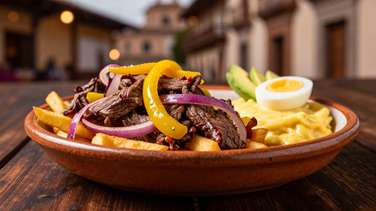 Lomo saltado con tiras de carne, cebolla y ají amarillo acompañado de una porción de causa limeña sobre una mesa de madera.