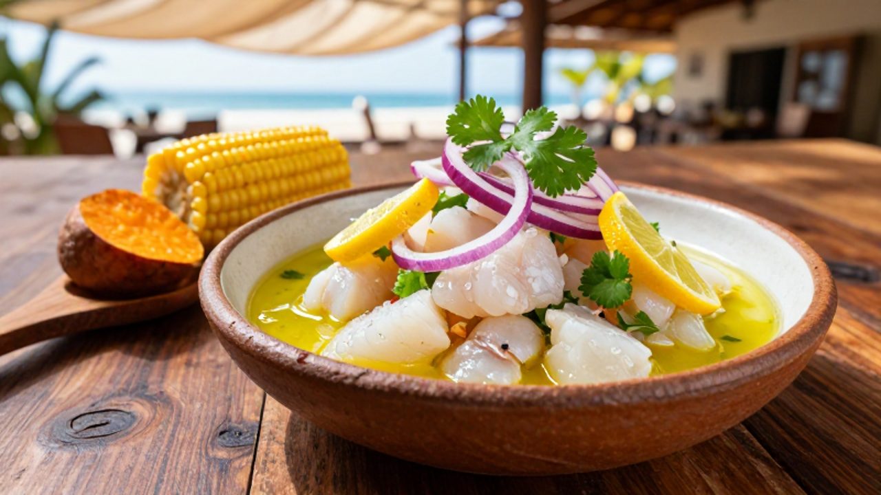 Ceviche de pescado fresco con cebolla, cilantro y ají limo, servido en un cuenco de cerámica sobre una mesa de madera en un restaurante costero.