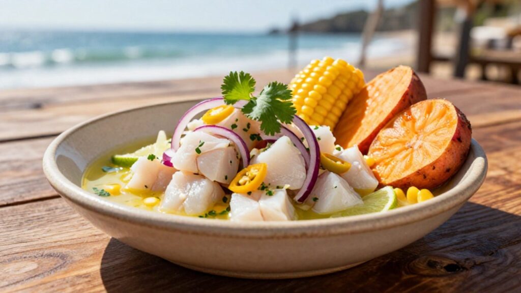 Ceviche de pescado fresco con cebolla, cilantro y ají limo acompañado de camote y choclo en un cuenco de cerámica sobre una mesa de madera.