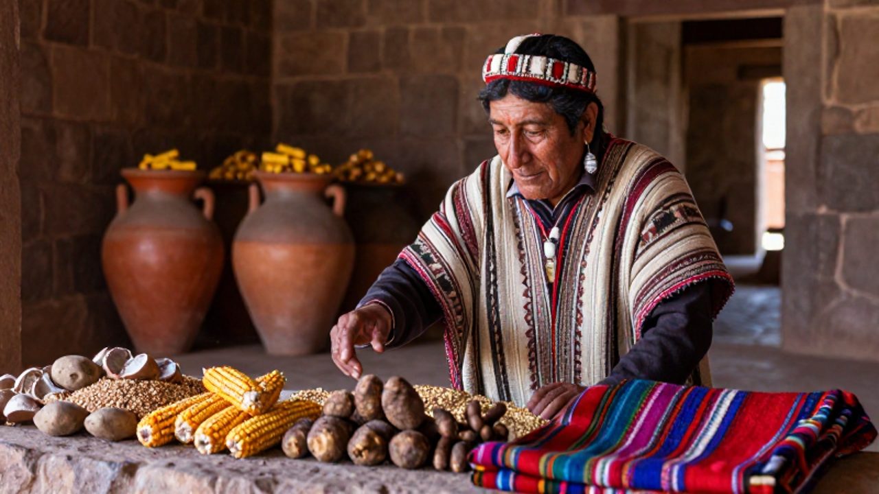 Un curaca inca supervisa la organización de maíz, tubérculos y textiles sobre una superficie de piedra en un depósito de granos con vasijas de cerámica al fondo.
