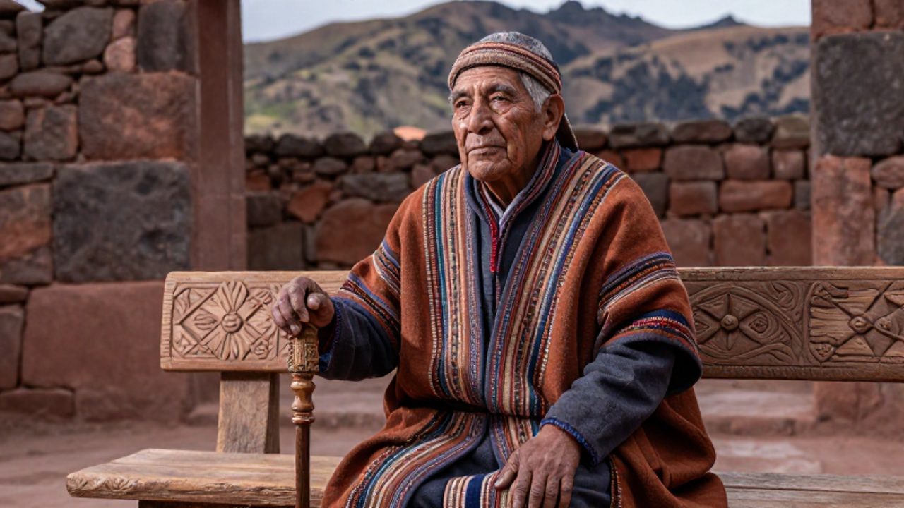 Un curaca inca de aspecto venerable con vestimenta textil tradicional se sienta pensativo en un patio de piedra andino con un bastón ceremonial.