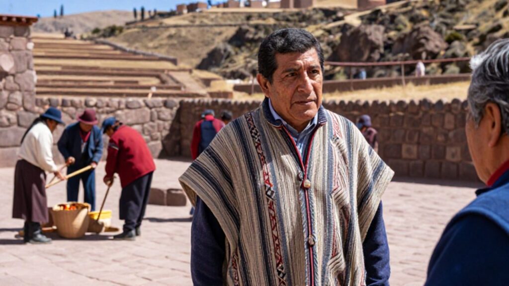 Un curaca con vestimenta tradicional dialoga con ancianos de su comunidad en una plaza andina rodeada de paisajes montañosos y actividad agrícola.