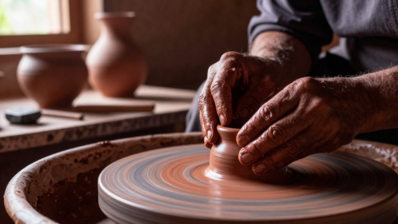 Manos de un artesano moldeando una pieza de arcilla rojiza sobre un torno de madera en un taller andino.