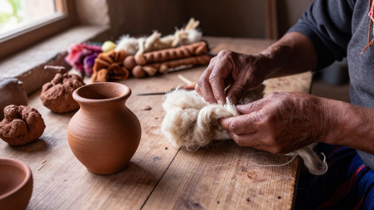 Manos de un artesano trabajando con lana de alpaca y una pieza de cerámica sobre un banco de madera en un taller tradicional.