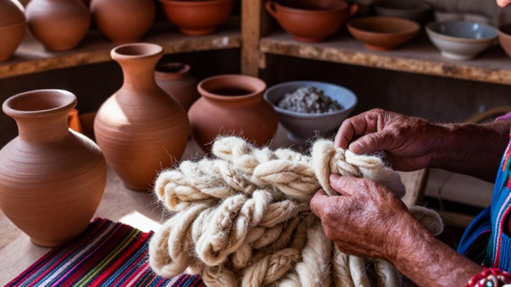 Manos de un artesano organizando fibras de alpaca junto a piezas de cerámica y textiles en un taller tradicional peruano.