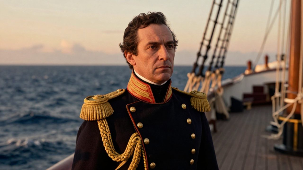 Retrato del almirante Miguel Grau con uniforme naval peruano del siglo XIX, posando con expresión solemne en la cubierta de un barco frente al mar al atardecer.