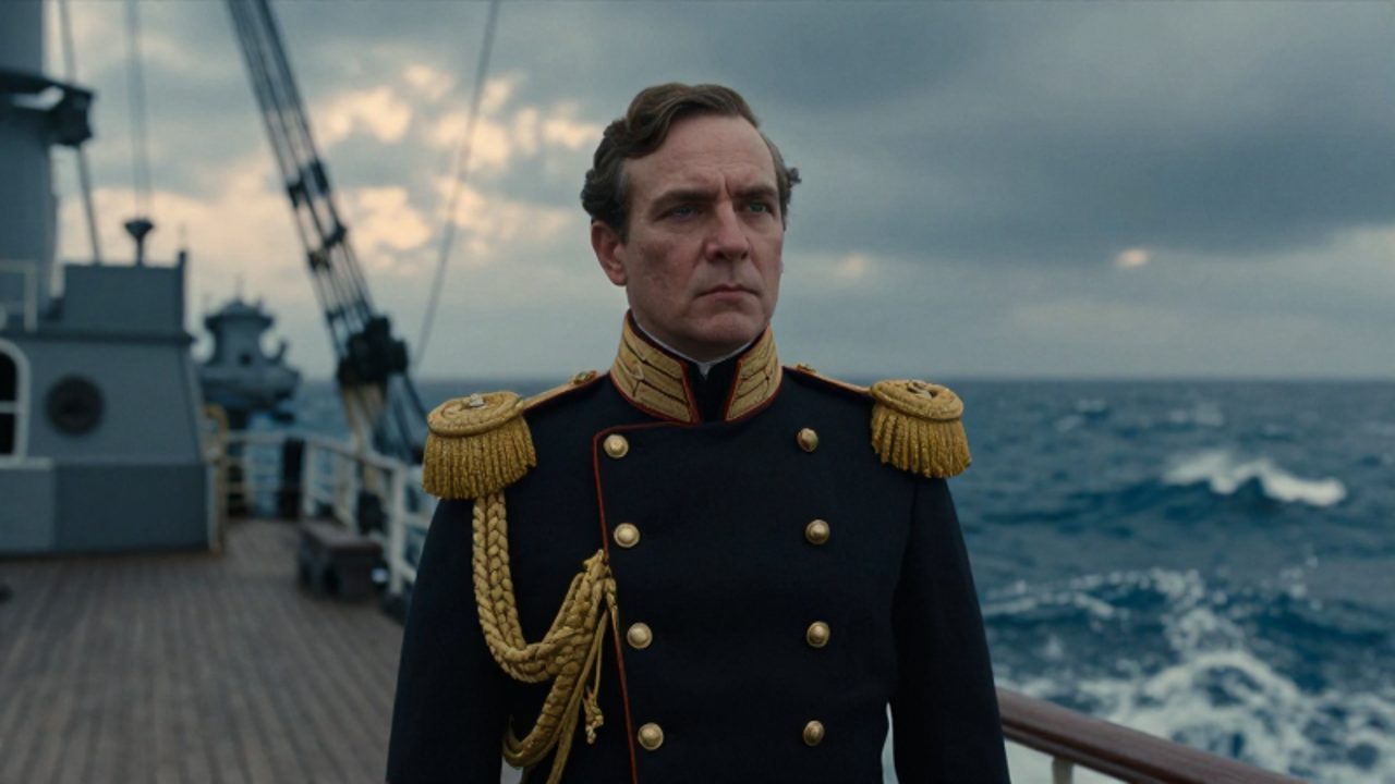 Miguel Grau con uniforme naval de gala permanece de pie sobre la cubierta de madera del monitor Huáscar frente al mar Pacífico.