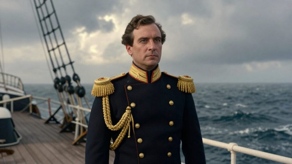 Retrato solemne del almirante Miguel Grau con uniforme naval peruano sobre la cubierta de madera del monitor Huáscar frente al océano Pacífico.
