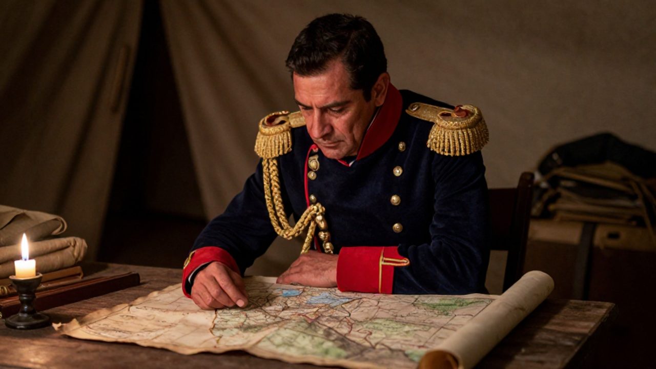 Un estratega militar de la independencia del Perú estudia con concentración un mapa antiguo sobre una mesa de madera en una tienda de campaña iluminada por velas.