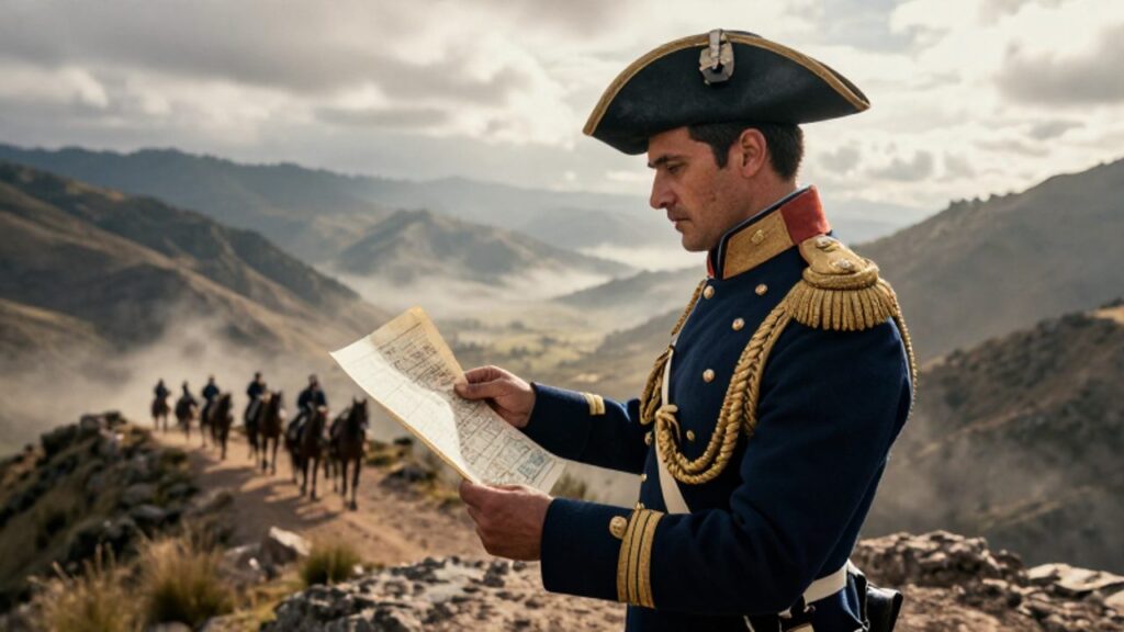 Estratega militar de la época de la independencia observa un mapa desplegado mientras contempla un valle andino con soldados y caballos al fondo.