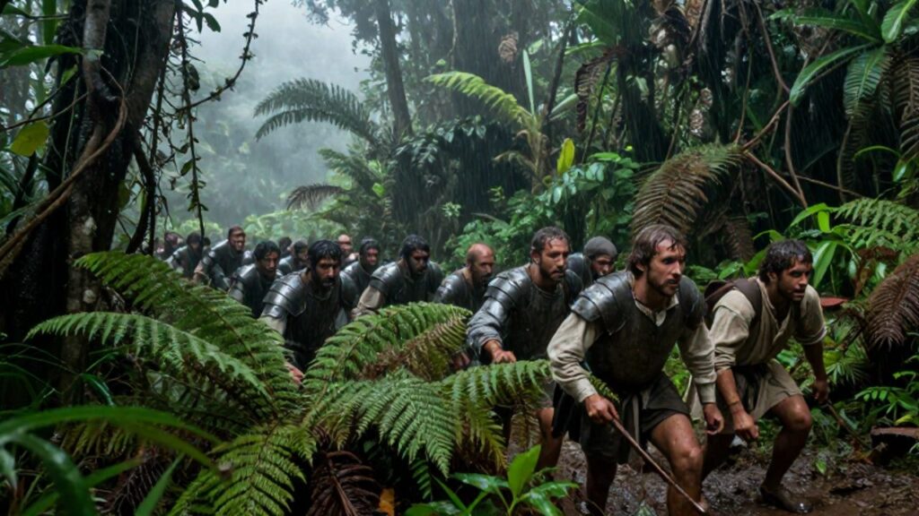 Exploradores españoles del siglo XVI avanzan con dificultad entre la densa vegetación y la niebla de una selva tropical andina bajo la lluvia.