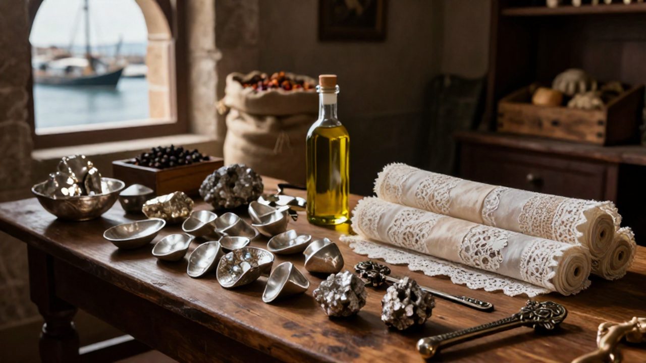 Lingotes de plata y minerales junto a encajes europeos y aceite en una mesa de madera dentro de un almacén colonial en un puerto peruano.