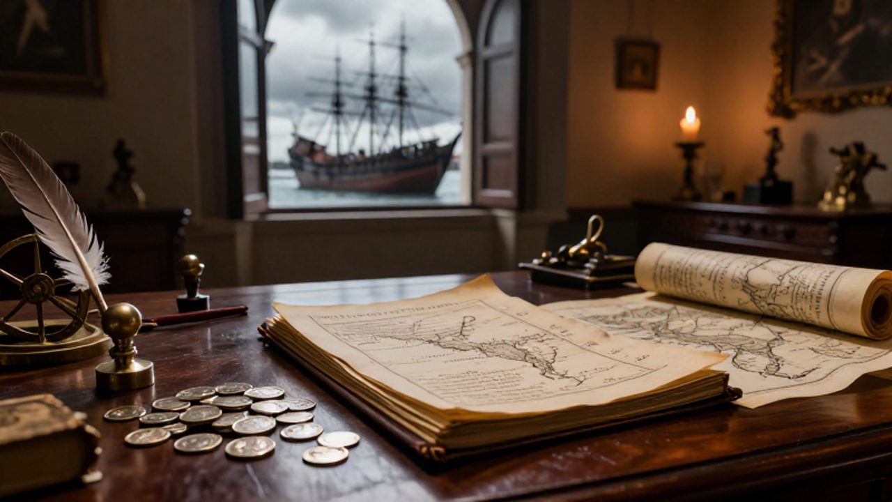 Escritorio colonial con un libro de contabilidad, monedas de plata y mapas de rutas comerciales, con un puerto de galeones españoles al fondo.