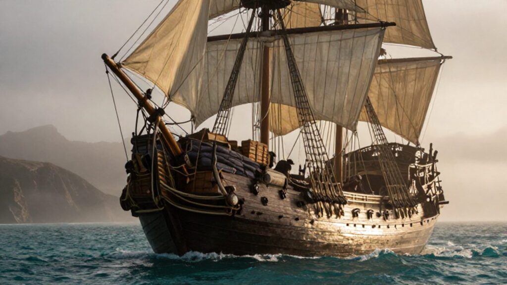 Un galeón español cargado de mercancías navega por la costa del Pacífico cerca de la cordillera de los Andes durante el siglo XVII.