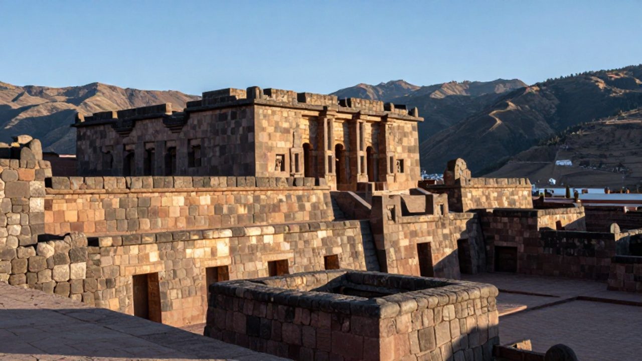 Templos incas de piedra perfectamente labrados bajo la luz del sol con las montañas de los Andes al fondo.