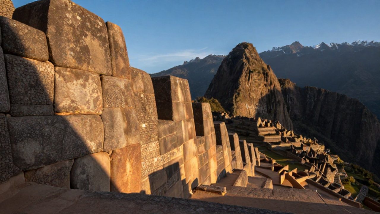 Muro de piedra con ensambles perfectos en primer plano que da paso a una vista del valle de Cusco con terrazas de cultivo y montañas andinas bajo la luz del amanecer.