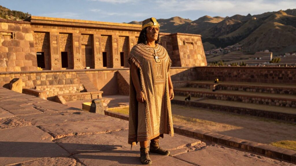 El gobernante inca Pachacútec contempla desde una terraza de granito la reconstrucción del valle de Cusco con templos de piedra y andenes bajo la luz del atardecer.