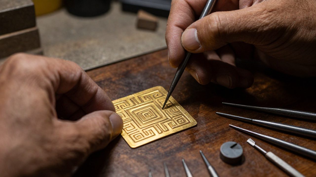 Manos de un artesano utilizando un punzón para crear un relieve con patrones geométricos sobre una lámina de oro.