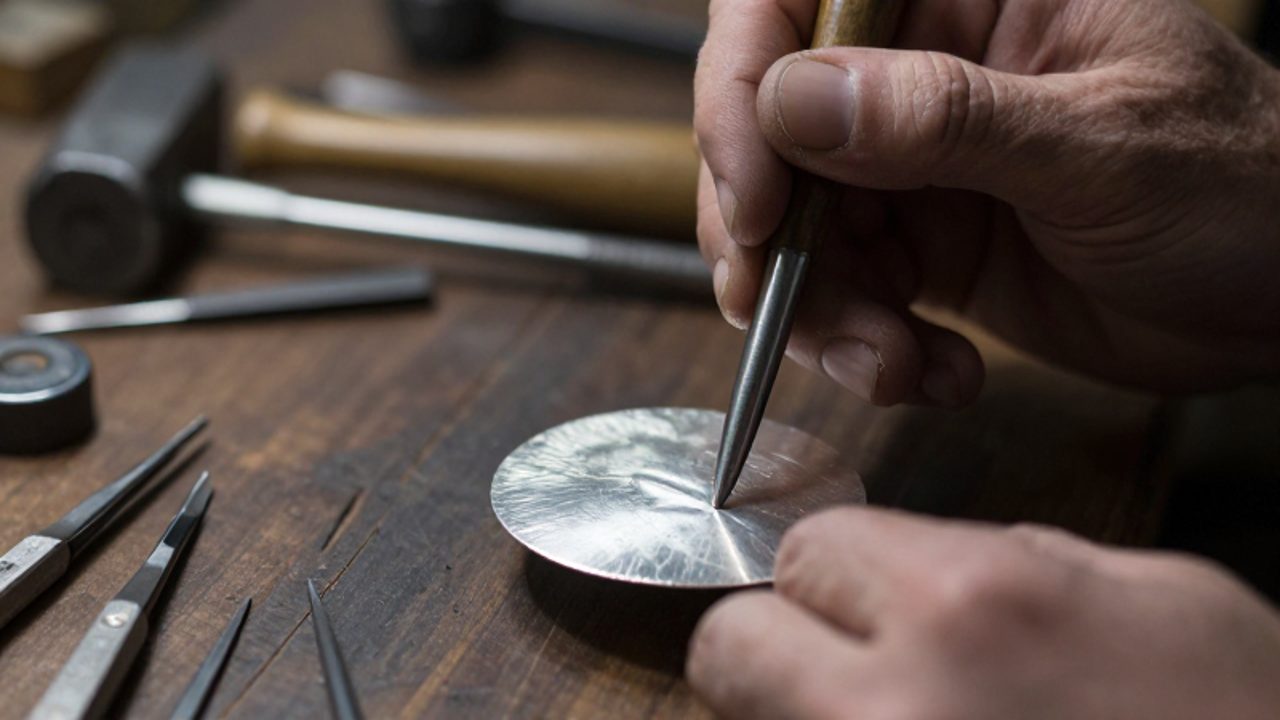 Manos de un orfebre presionando una lámina de plata con un punzón de acero para crear un relieve sobre un banco de madera.