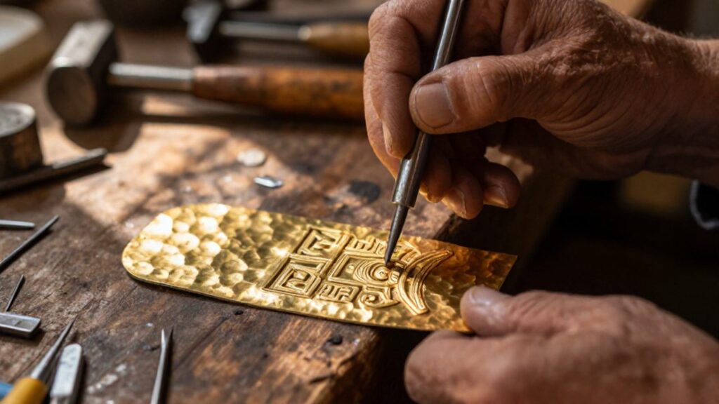 Manos de un artesano utilizando un punzón para crear un relieve geométrico precolombino sobre una lámina de oro en un taller tradicional.