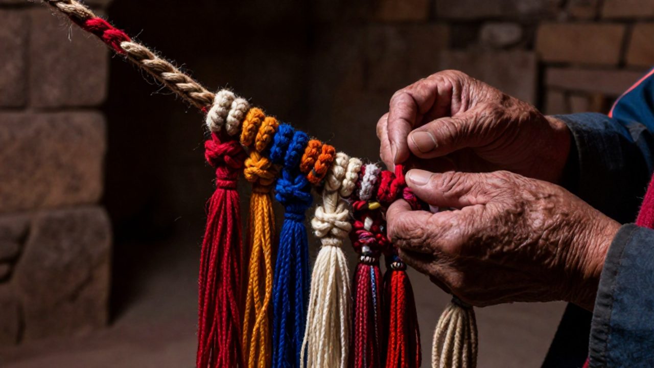 Manos de un quipucamayoc inspeccionando con precisión los nudos y cordones de colores de un quipu en una estancia de piedra inca.