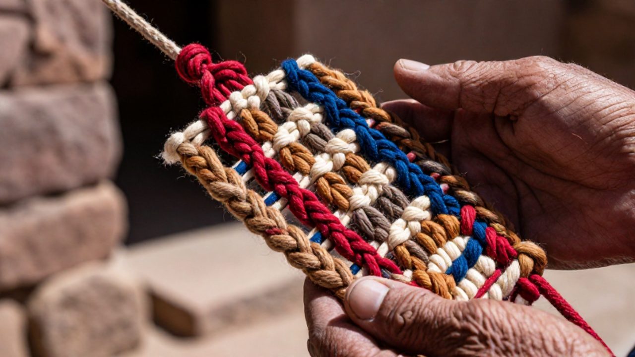 Manos de un quipucamayoc sosteniendo un quipu con nudos de diversos colores y texturas de fibras de algodón y camélidos.