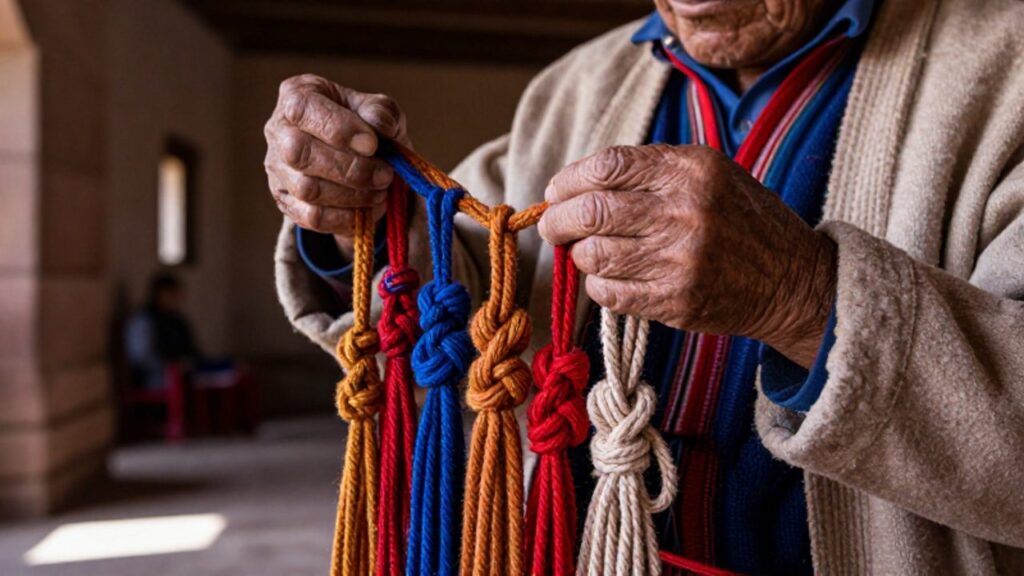 Manos de un quipucamayoc inspeccionando los nudos de un quipu con cuerdas de diversos colores y texturas.