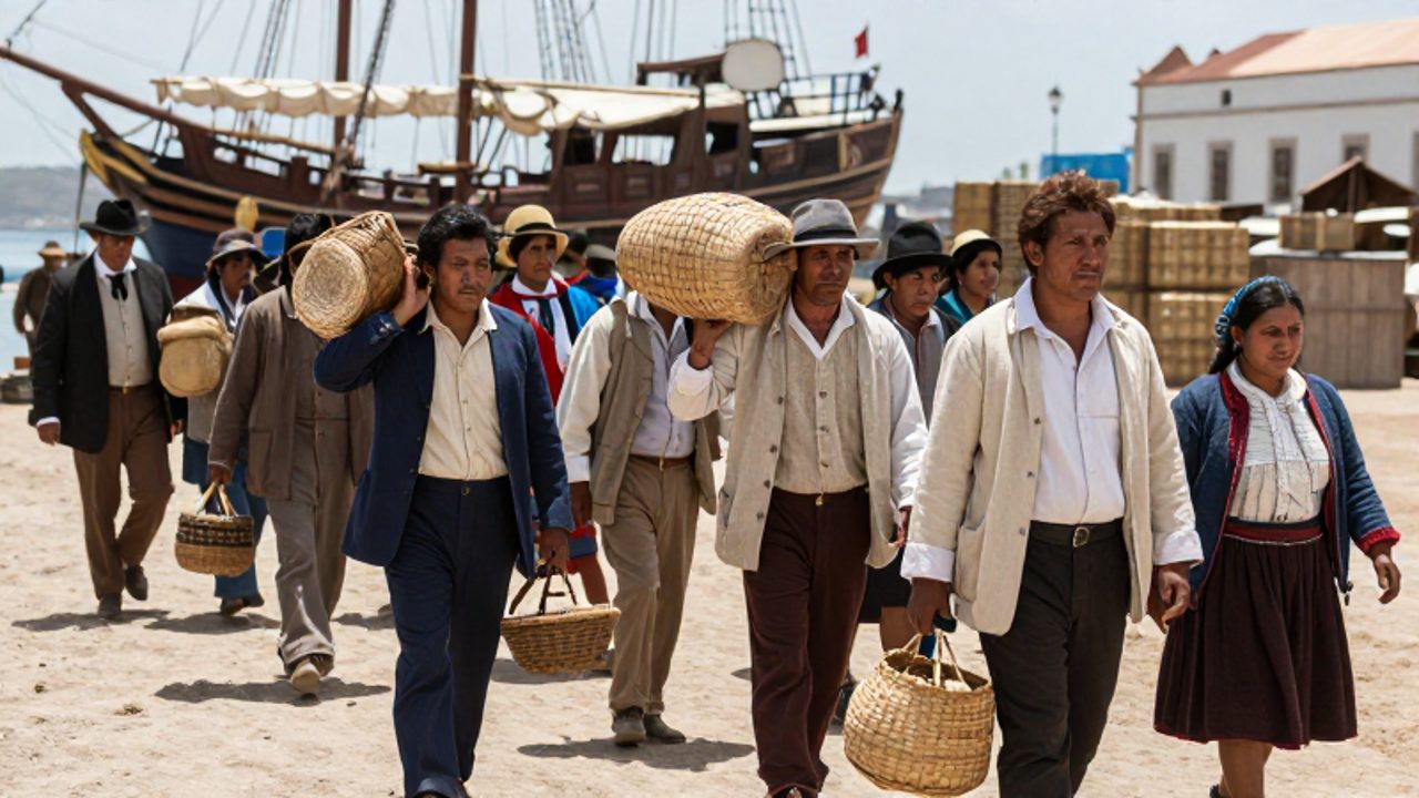Grupo diverso de inmigrantes asiáticos, europeos y andinos caminan por un puerto peruano con barcos de vela y arquitectura colonial de fondo.
