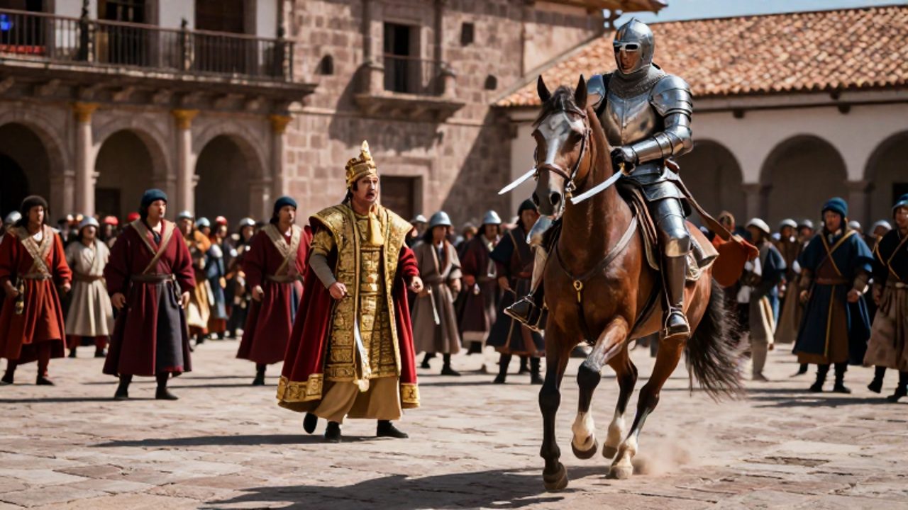 Un conquistador español a caballo embiste hacia el emperador Atahualpa, quien permanece aturdido en la plaza de piedra de Cajamarca rodeado de caos.