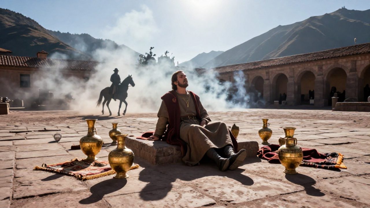 Noble inca sentado sobre un pedestal en una plaza de piedra rodeado de objetos ceremoniales abandonados, mientras la silueta de un conquistador a caballo avanza entre el humo en un paisaje andino.