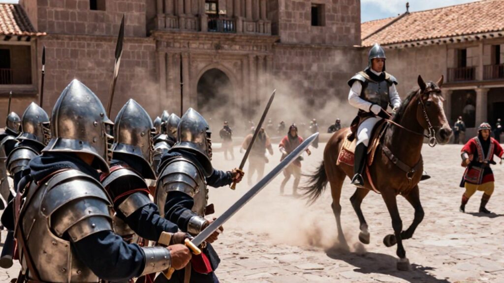 Conquistadores españoles con armaduras de acero y caballería cargan contra guerreros incas en un patio de piedra durante la emboscada en Cajamarca.