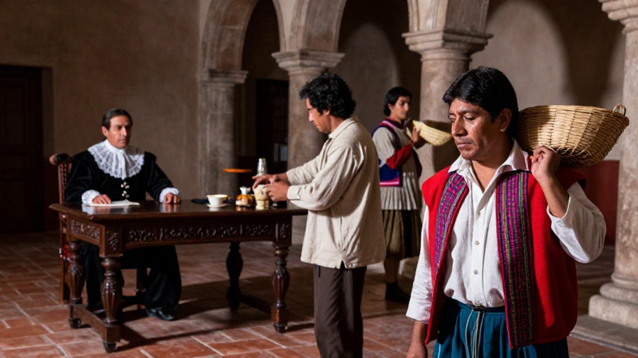 Representación simbólica de la jerarquía social colonial con un oficial español en un fondo opulento, un comerciante mestizo en el plano medio y un trabajador indígena en primer plano.