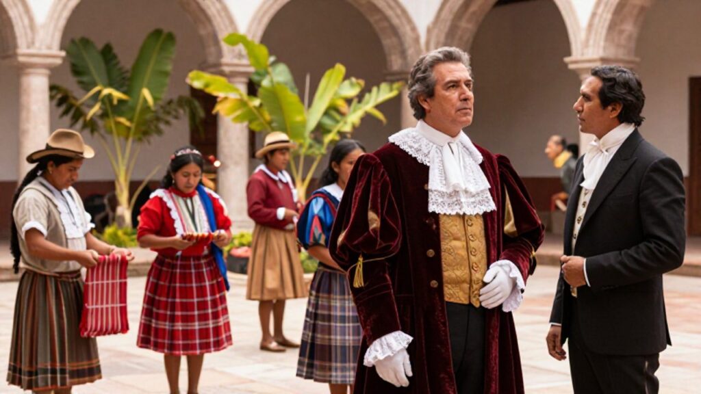Diversos personajes que representan las distintas clases sociales del virreinato peruano, desde un noble español hasta trabajadores indígenas, de pie en un patio colonial.