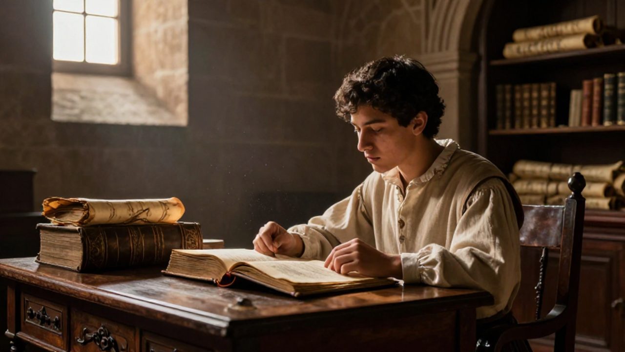 Estudiante colonial estudia un libro antiguo de cuero en una biblioteca de un monasterio del siglo XVII.
