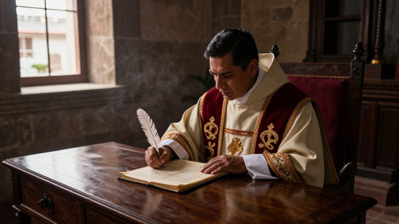 Un clérigo con vestiduras coloniales escribe en un libro de registros sobre un escritorio de madera en una sacristía antigua.