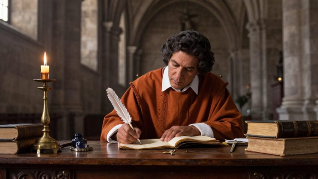 Un fraile colonial escribe en un antiguo libro de actas sobre un escritorio de madera dentro de una sacristía de piedra.