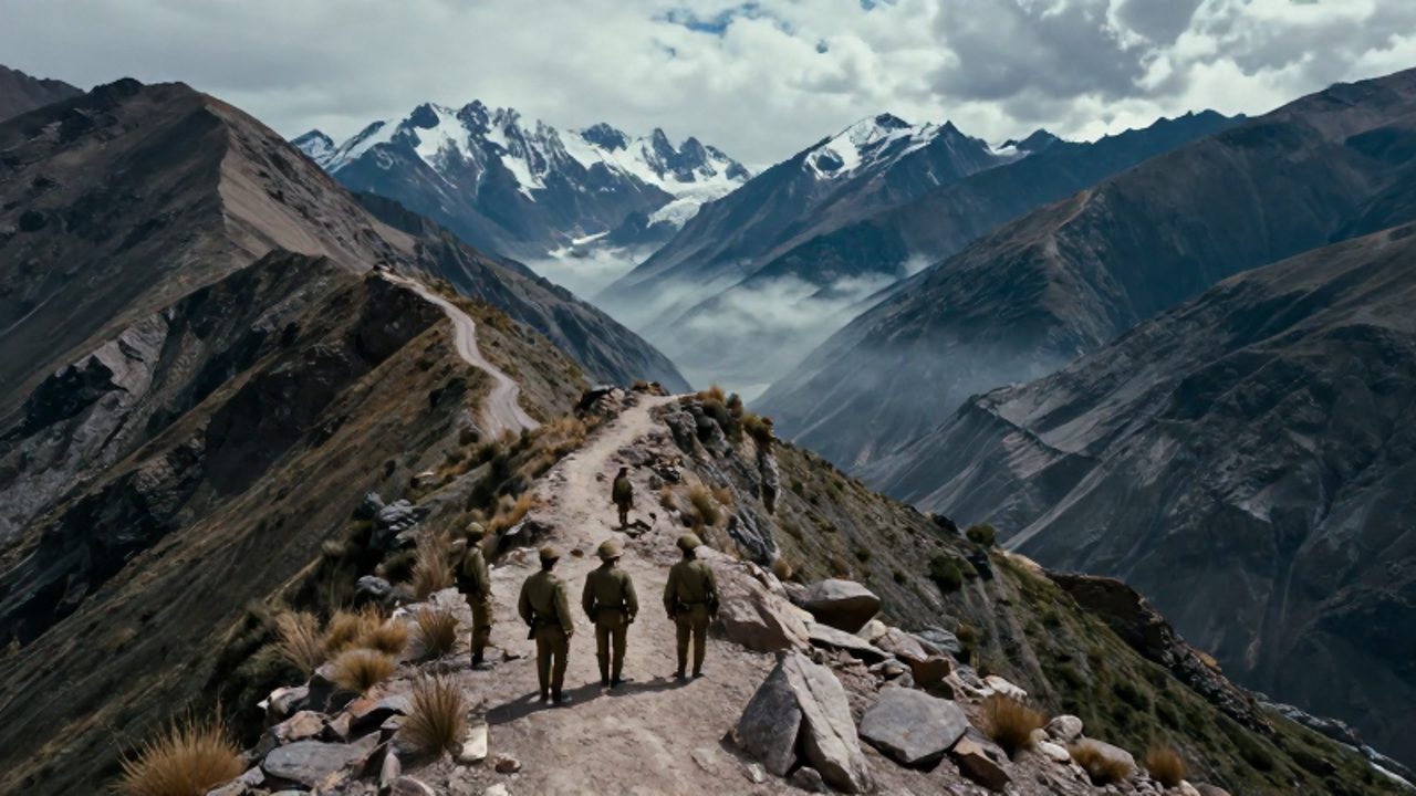 Soldados con uniformes del siglo XIX observan desde un campamento en una cresta rocosa la inmensidad de un valle nublado en los Andes peruanos.