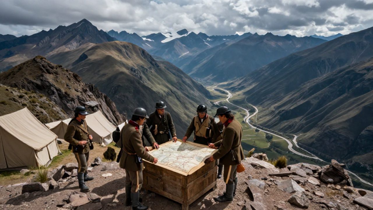 Soldados peruanos del siglo XIX analizan un mapa sobre una caja de madera en un campamento situado en una escarpada cordillera andina.