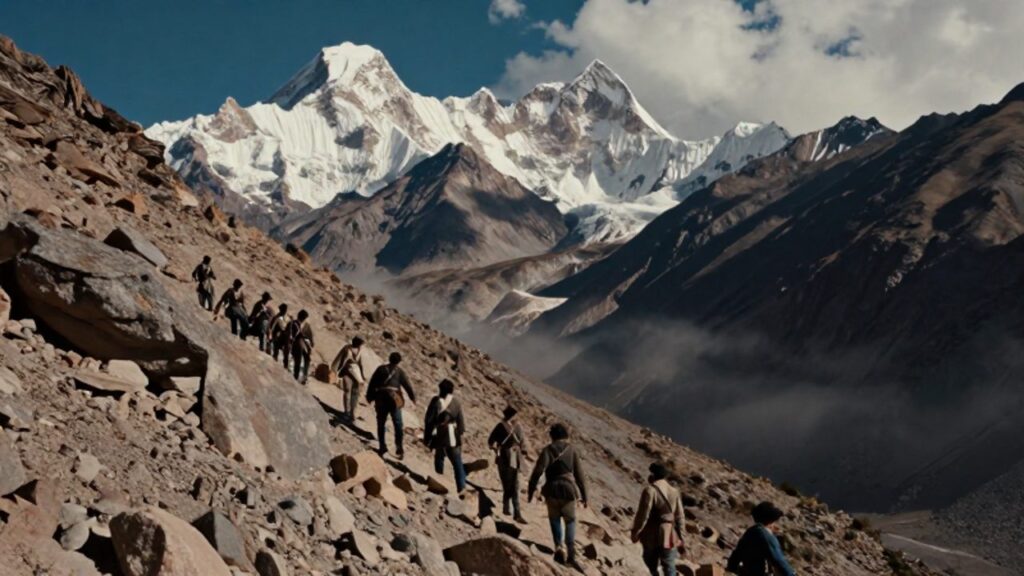 Soldados coloniales avanzan con dificultad por una estrecha y escarpada cresta rocosa en la cordillera de los Andes bajo imponentes picos nevados.